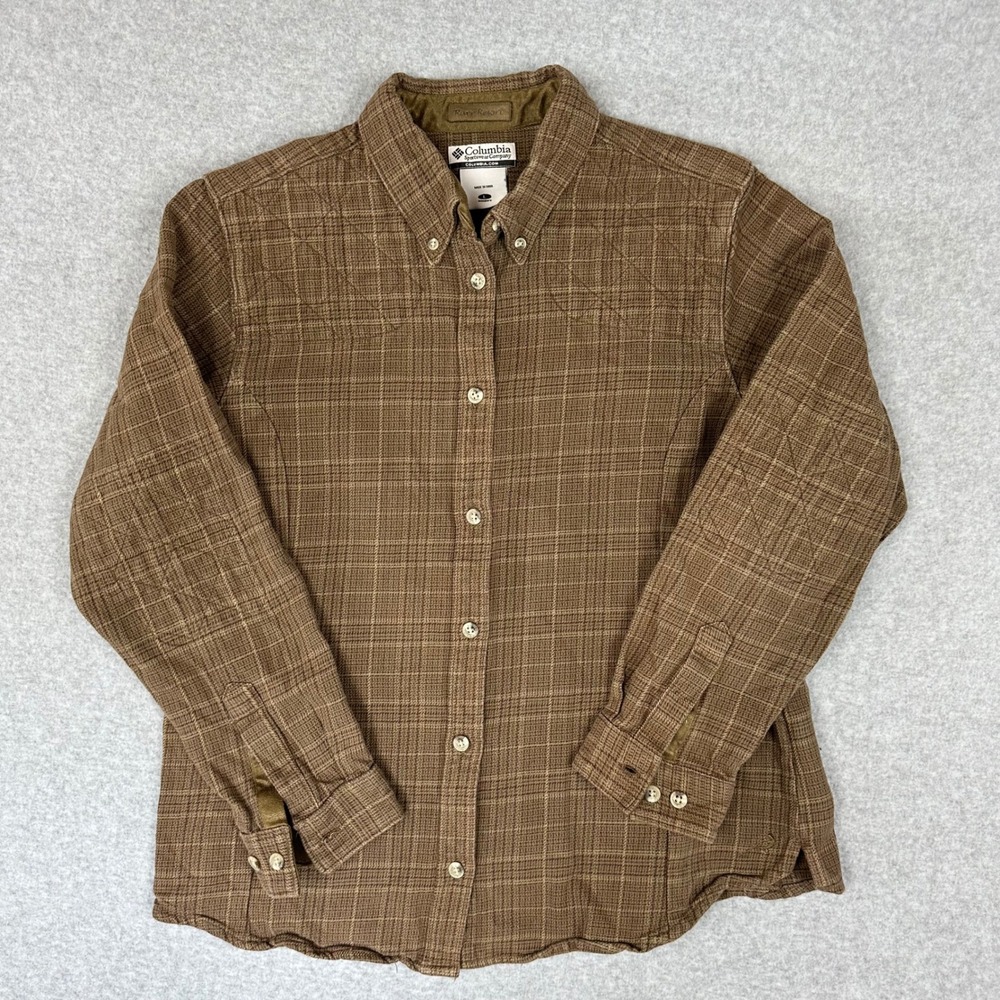 Columbia River Resort Brown Plaid Button Down Shirt Womens Large Quilted Patches